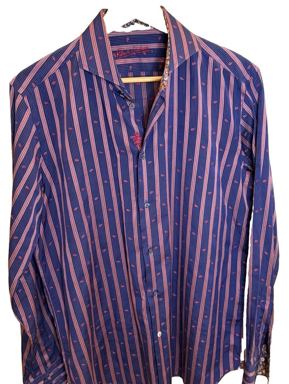 Robert Graham Men’s 41/16 Shirt Blue Pink Stripe Paisley Embroidered Long Sleeve